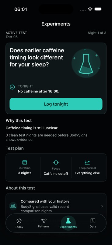 BodySignal Experiments screen
