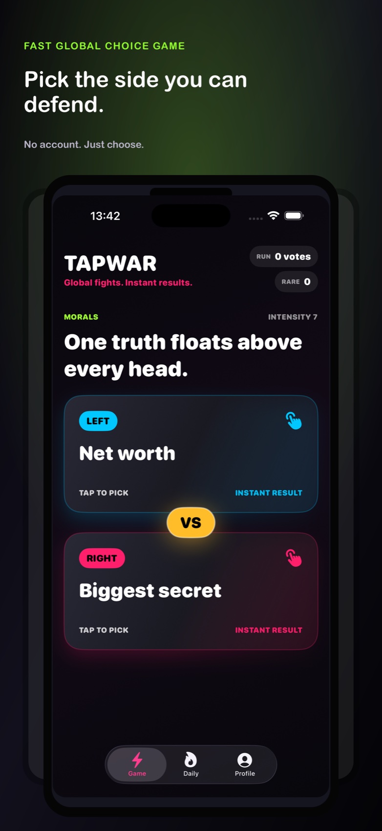 TapWar release screen showing a two-choice game