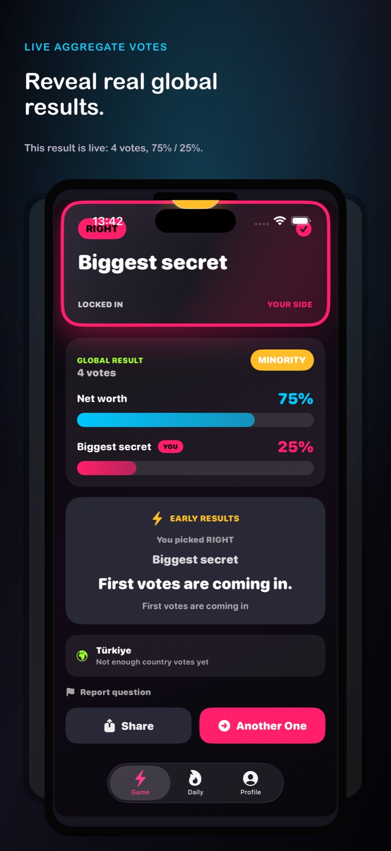 TapWar release result screen showing aggregate voting data